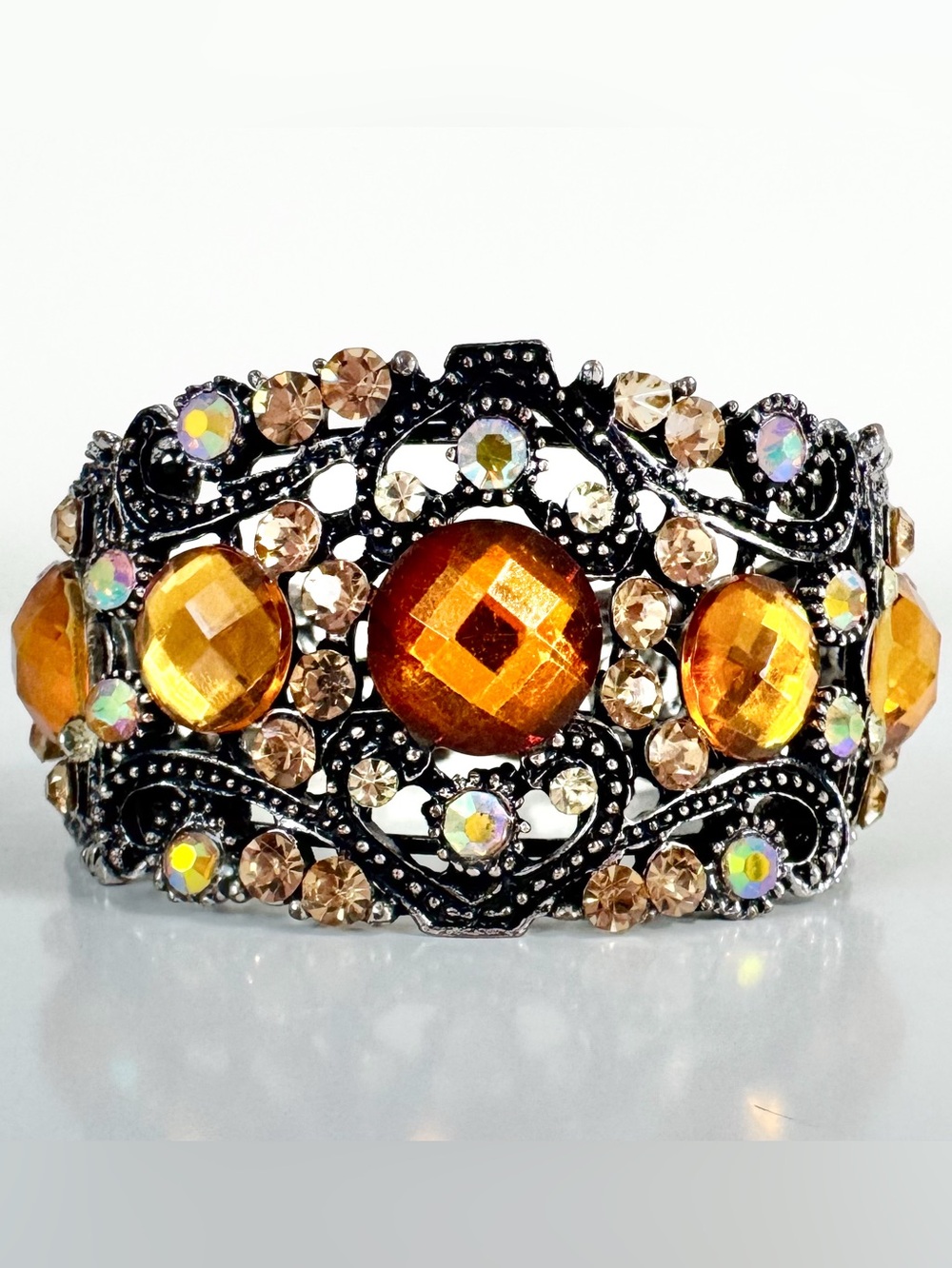 Amber Crystal Cuff Bracelet Scrollwork Metal Iridescent Rhinestone